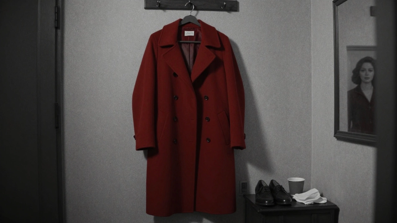 A red coat hangs alone in a dim hallway, coffee cup and shoes nearby, evoking quiet human presence without figures.