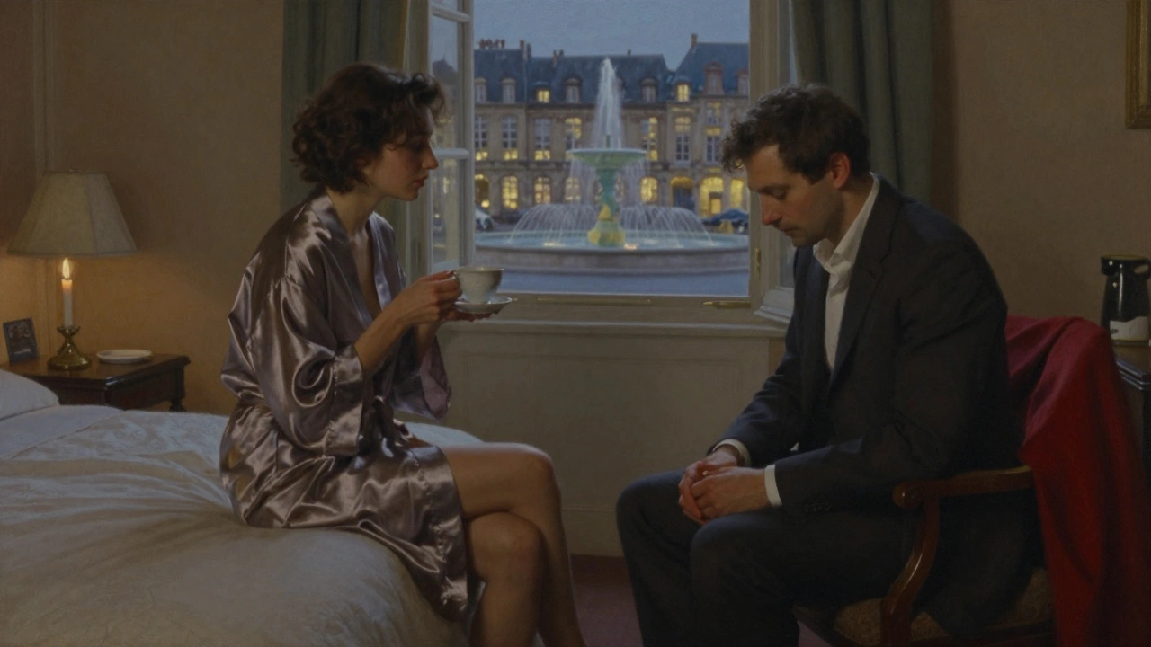 A woman and man sit silently in a hotel room, candlelight glowing, the city’s fountain visible through the window.